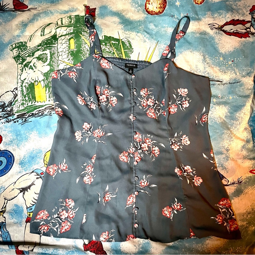 Torrid Gray Floral Button-Front Cami with Pink Blooms